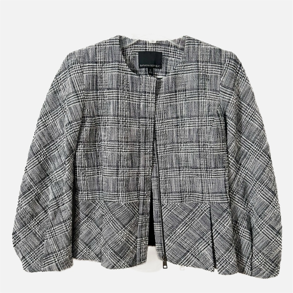 Banana Republic Woven Textured Box Pleated Peplum Bottom Blazer Jacket Zip Front